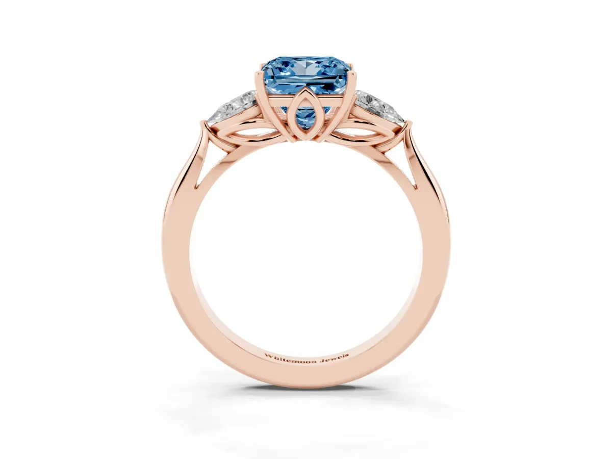 Fancy Blue Three-Stone Princess Cut Brilliant Diamond Solitaire Ring with Tapered Band and Four-Prong Setting Rose gold