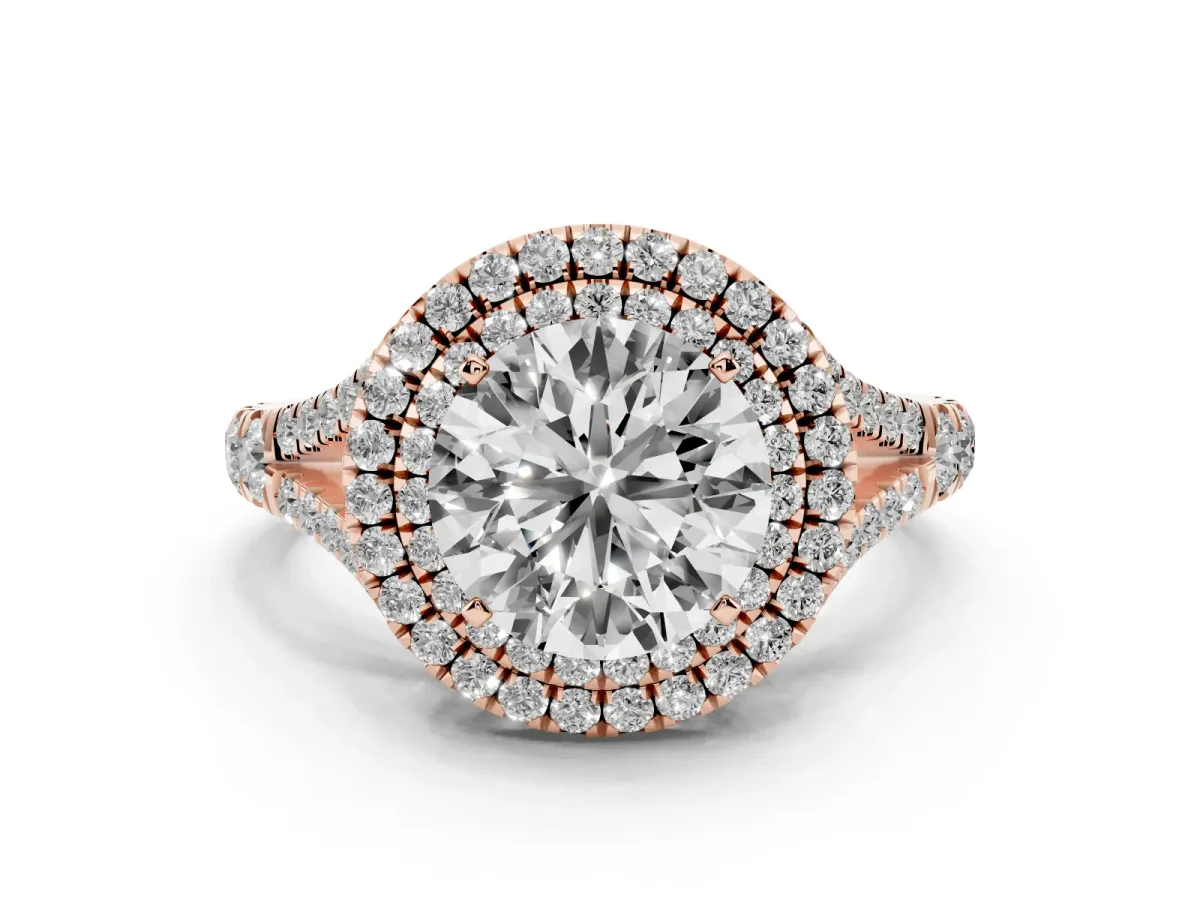 Round Cut Diamond Pavé Split Shank Double Halo Engagement Ring Rose gold