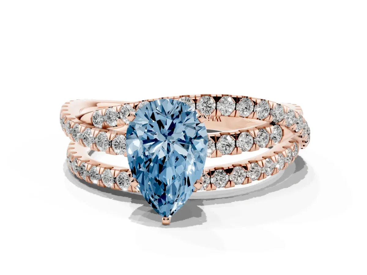 Fancy Blue Pear Cut Solitaire Twist Band with Pavé Setting and Four-Prong Setting Rose gold
