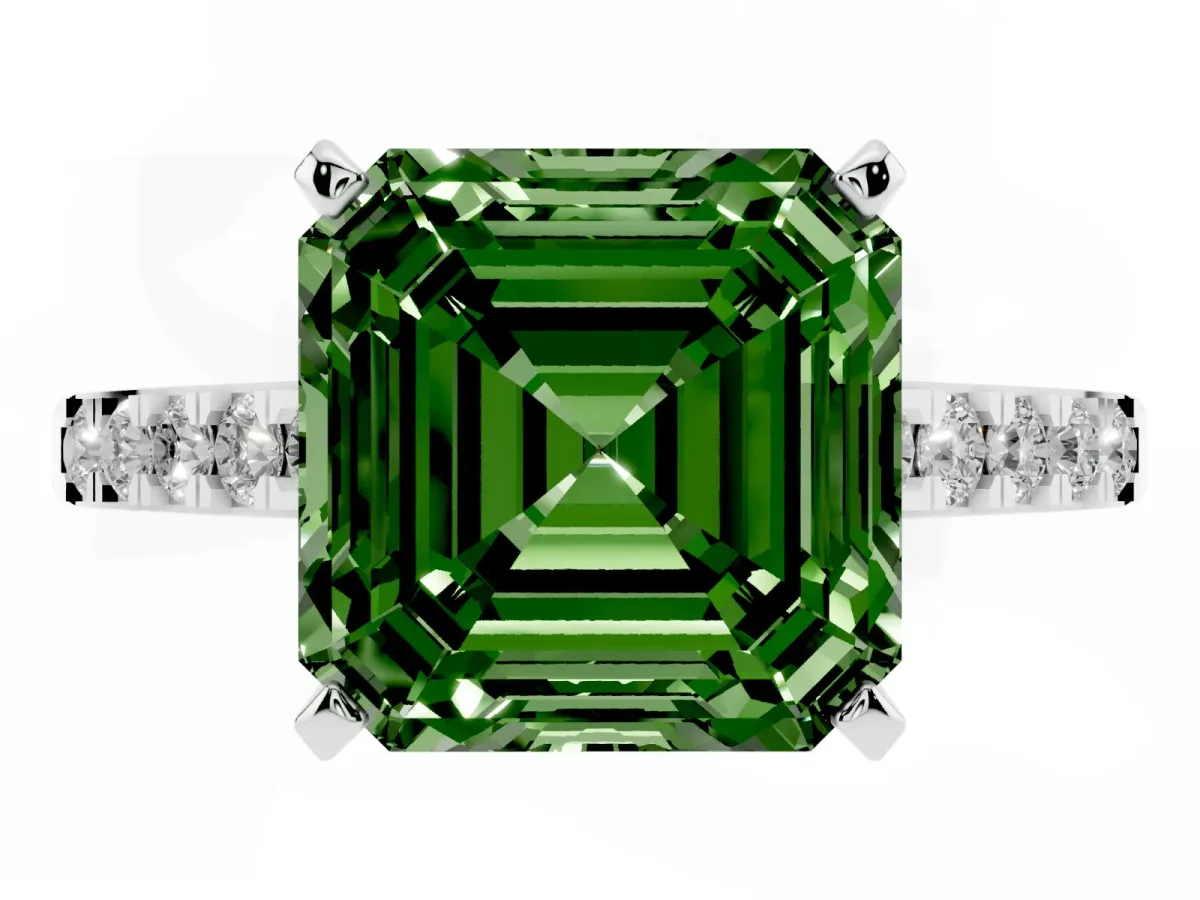 Fancy Green Asscher Cut Diamond Solitaire Ring with Crossover Gallery and Round Pavé Band White gold