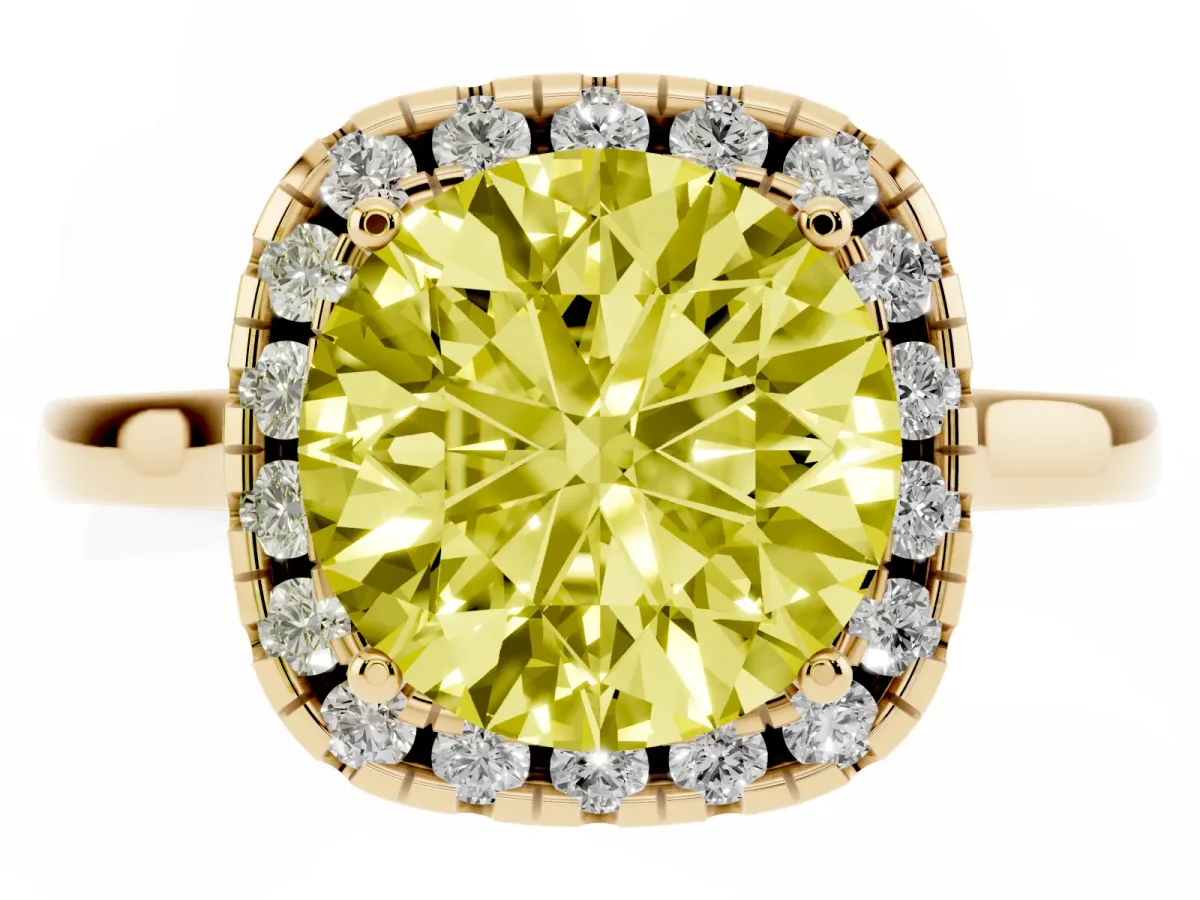 Fancy Yellow Round Cut Halo Round Diamond Solitaire Ring with Pavé Band and Four-Prong Setting Yellow gold
