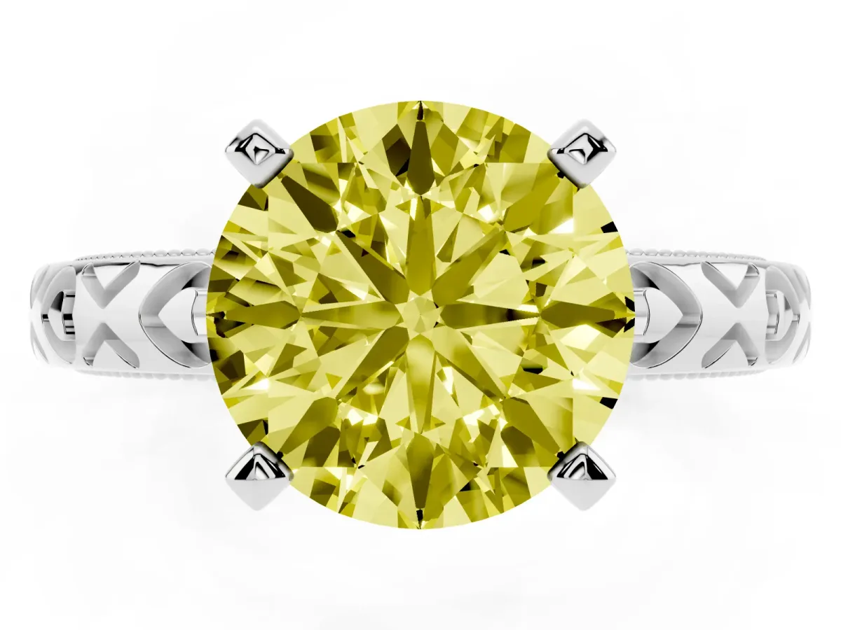 Fancy Yellow Round Cut Solitaire Diamond Engagement Ring with XO Engraved Band and Four-Prong Setting Silver