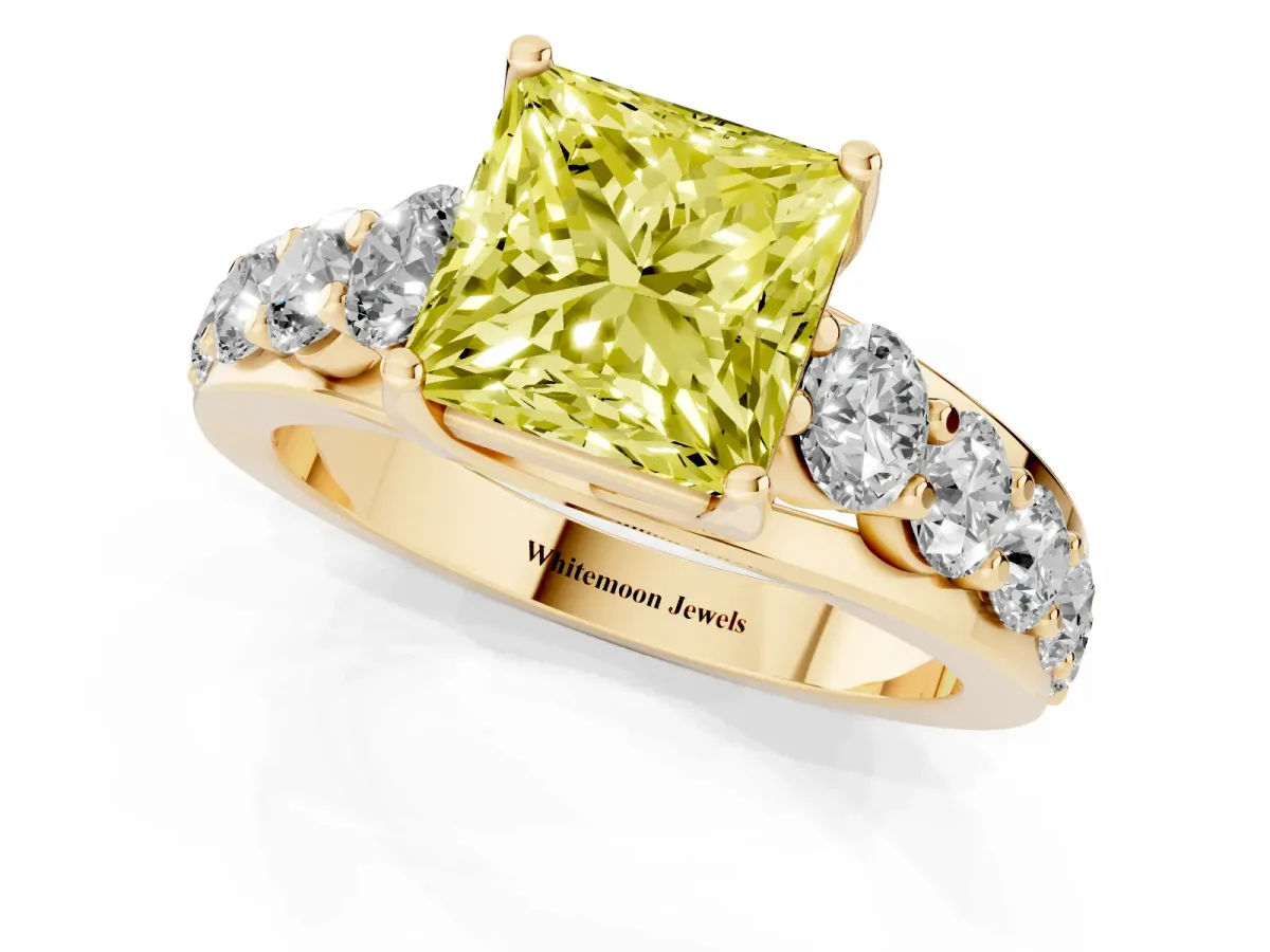Fancy Yellow Princess Cut Diamond Engagement Ring with Pavé Band and Four-Prong Setting Yellow gold