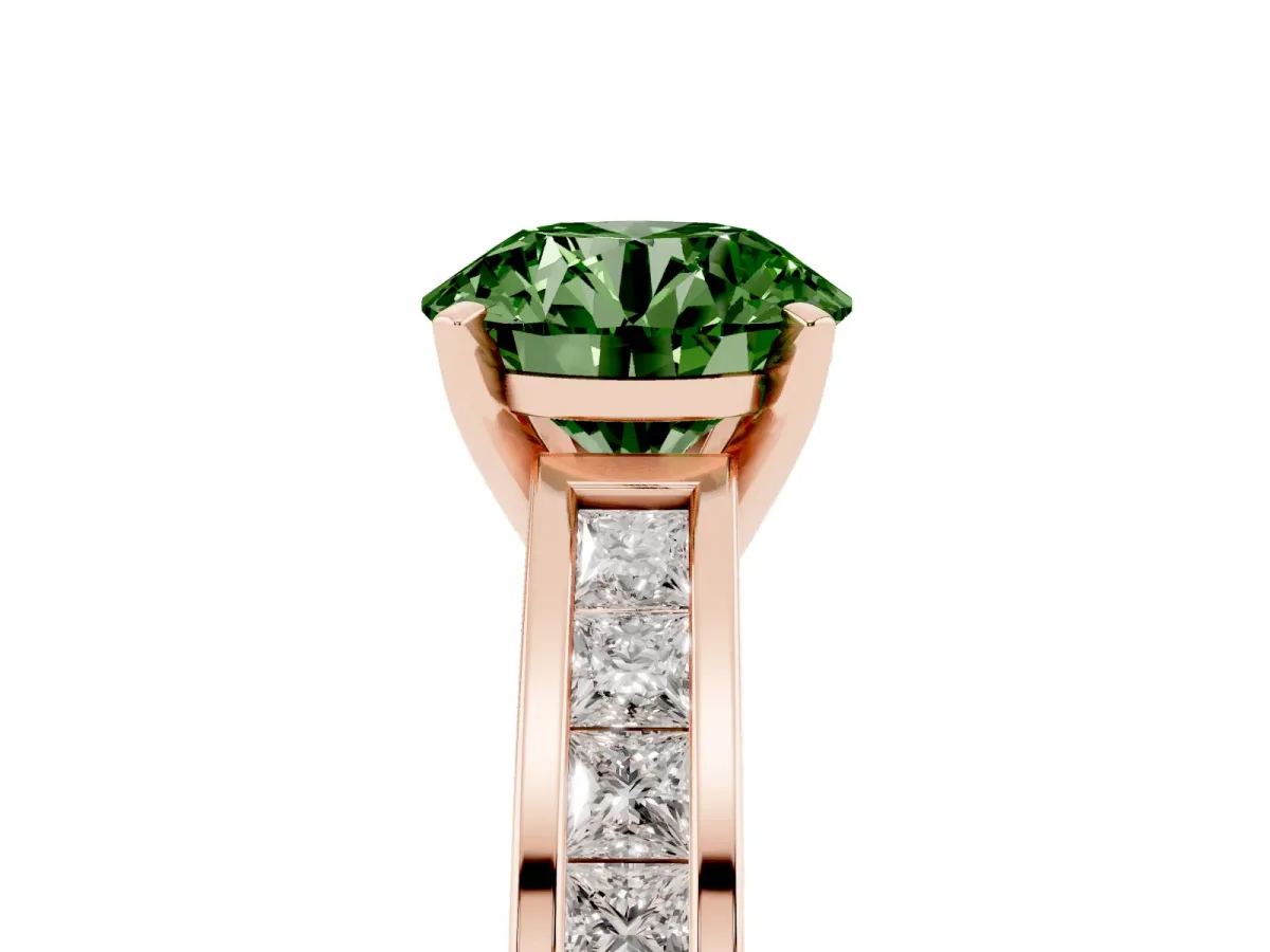 Fancy Green Round Cut Solitaire Diamond Ring with Channel-Set Band and Four-Prong Setting Rose gold