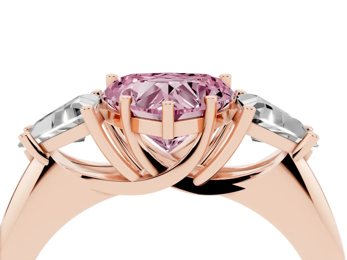 Fancy Pink Three-Stone Heart Cut Diamond Engagement Ring with Trillion Side Stones and Prong Setting Rose gold