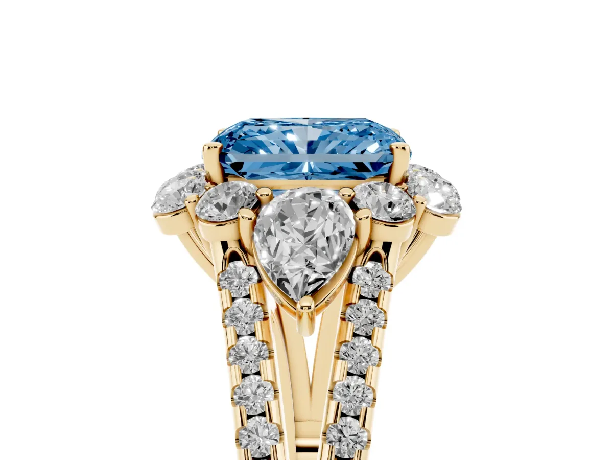 Fancy Blue Radiant Cut Halo Split Shank Diamond Engagement Ring with Prong Setting Yellow gold