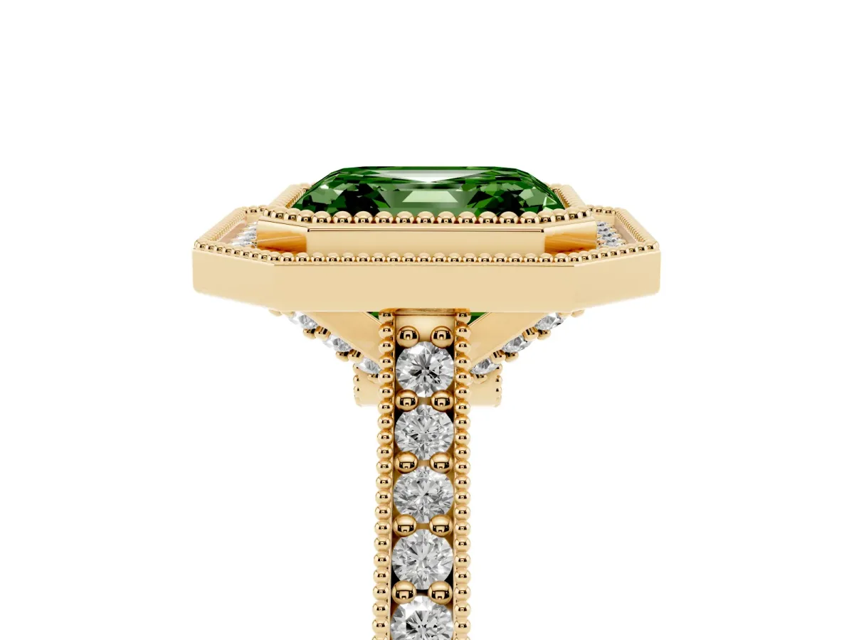 Fancy Green Halo Asscher Cut-Cut Diamond Pave Band Milgrain Prong Setting Ring Yellow gold