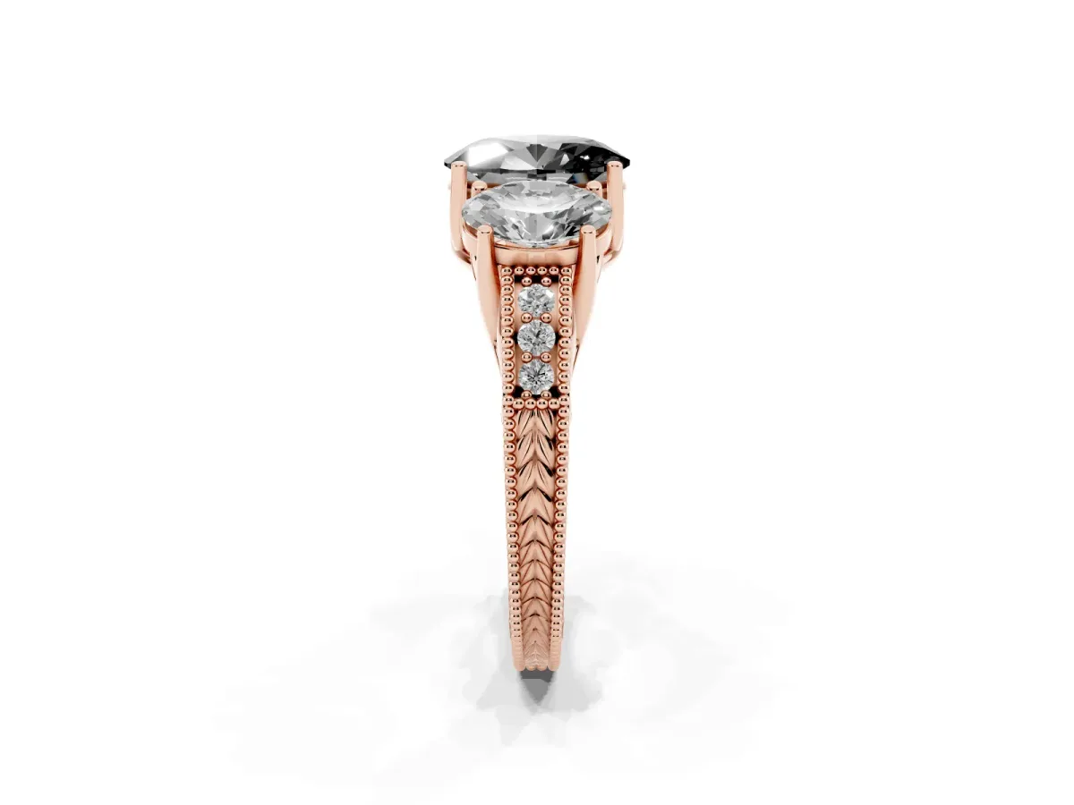 Fancy Black Three-Stone Oval Cut Cut Milgrain Pavé Engagement Ring Rose gold