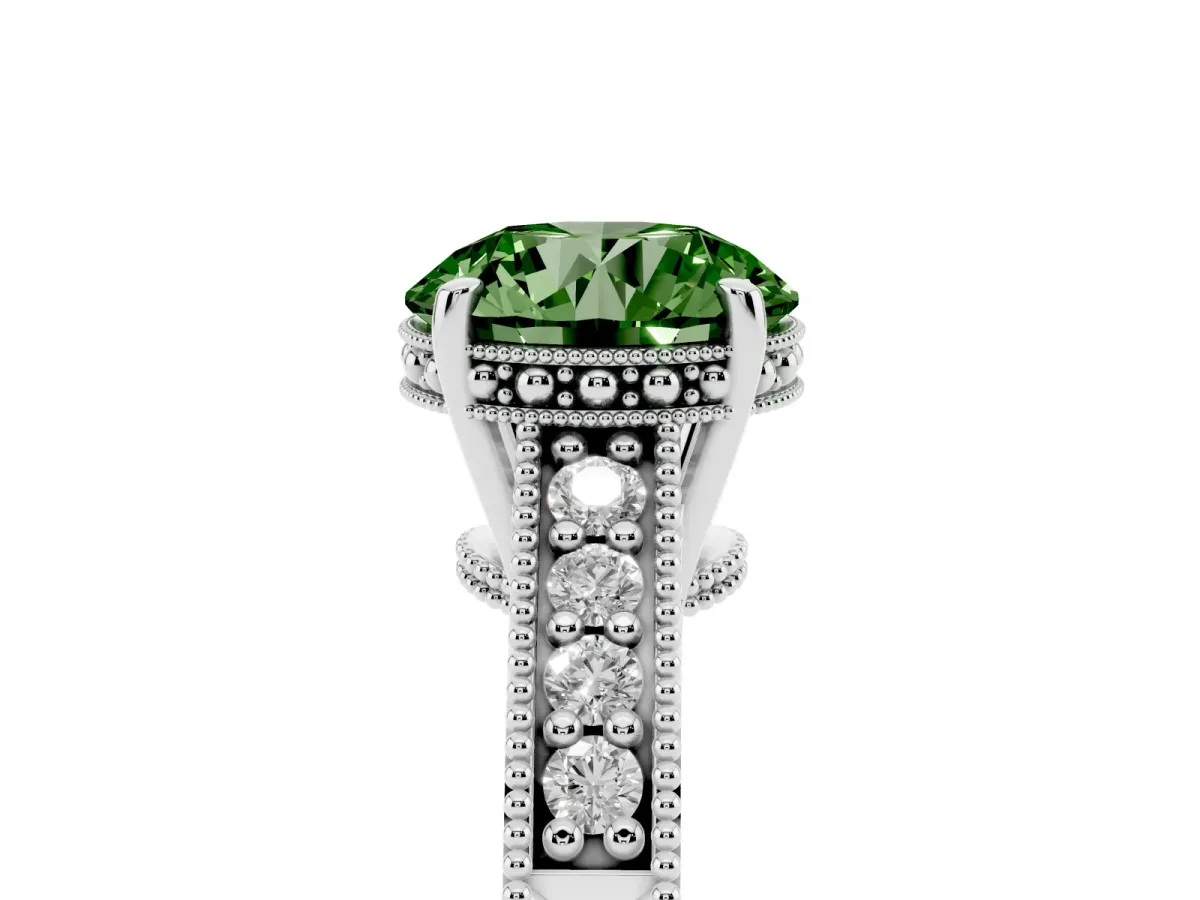 Fancy Green Round Cut Solitaire Pavé Diamond Milgrain Engagement Ring with Four-Prong Setting Silver