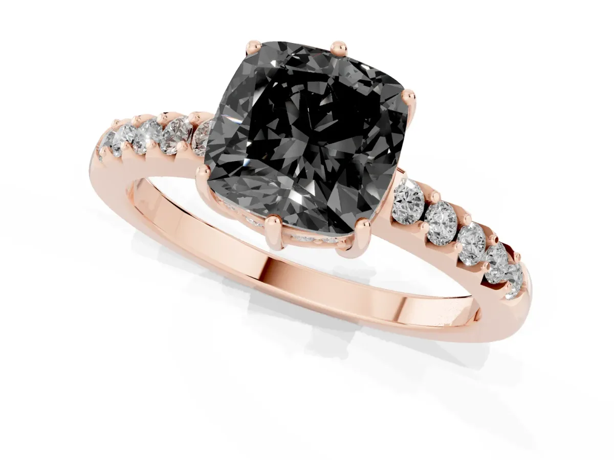 Fancy Black Cushion Cut Solitaire Diamond Engagement Ring with Pavé Band and Six-Prong Setting Rose gold