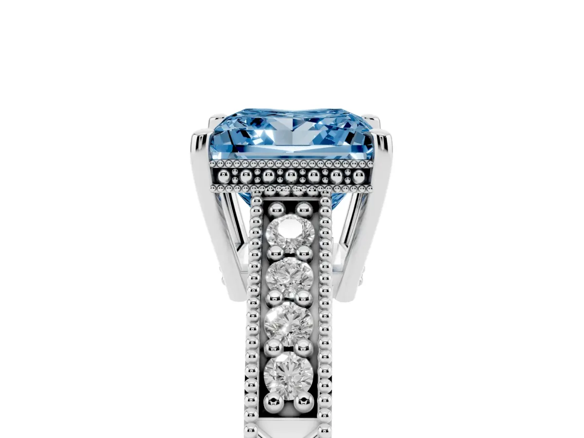 Fancy Blue Princess Cut Solitaire Pavé Diamond Milgrain Engagement Ring with Four-Prong Setting Silver