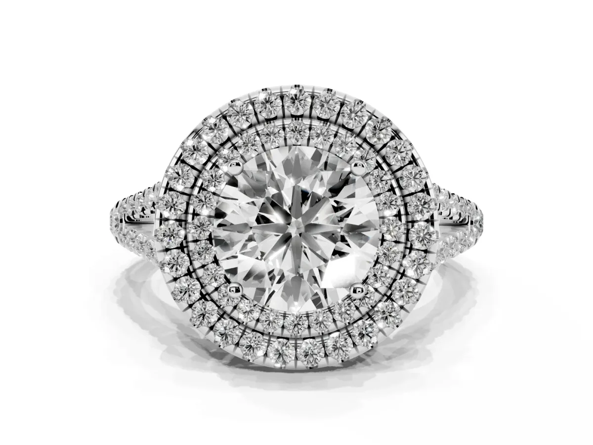 Round Cut Diamond Double Halo Ring with Pavé Band and Prong Setting Silver