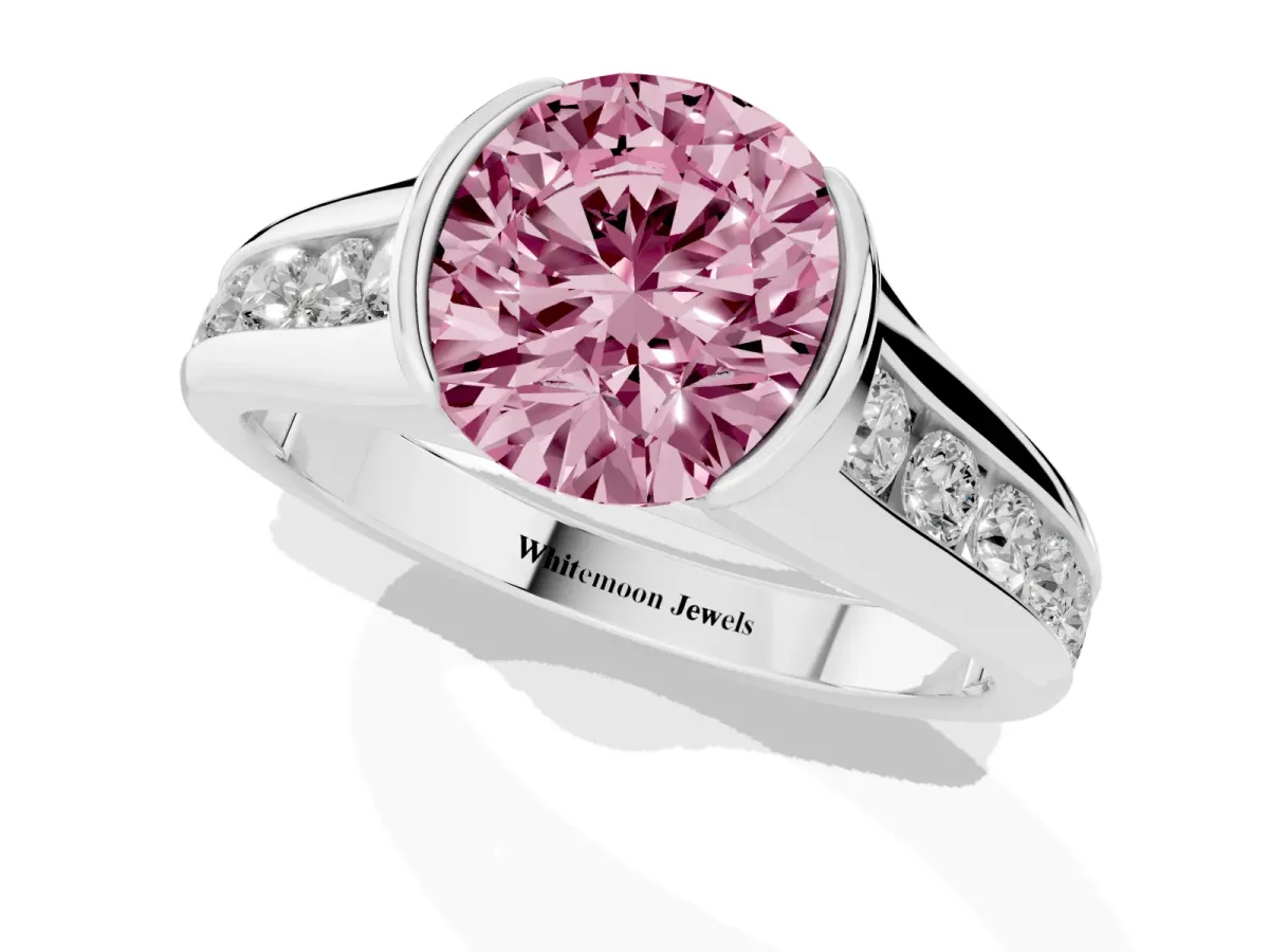 Fancy Pink Round Cut Solitaire Bezel-Set Diamond Ring with Channel-Set Band Platinum