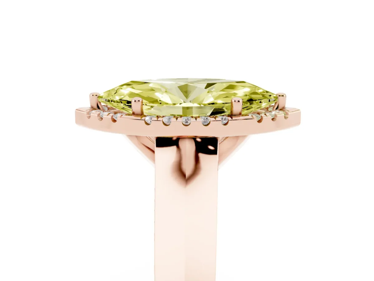 Fancy Yellow Marquise Cut Halo Diamond Ring with Cathedral Band and Four-Prong Setting Rose gold