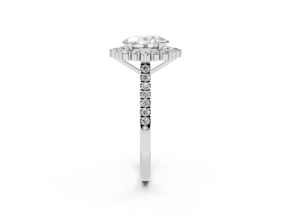 Oval Cut Halo Diamond Ring with Pavé Band and Prong Setting Silver