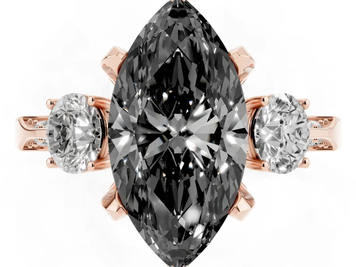 Fancy Black Marquise Cut Brilliant Three-Stone Diamond Ring with Pavé Band and Four-Prong Setting Rose gold