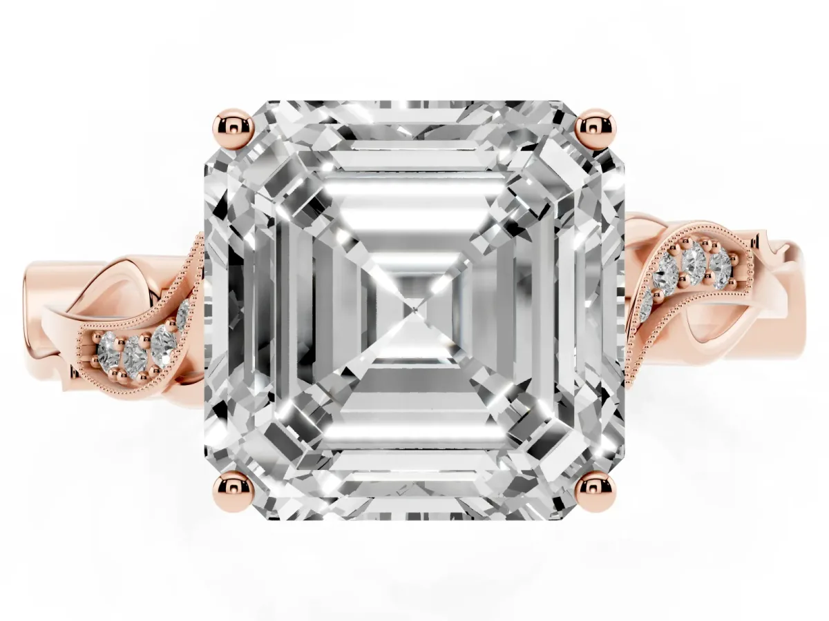 Asscher Cut Solitaire Vine Band with Milgrain Prong Setting Rose gold