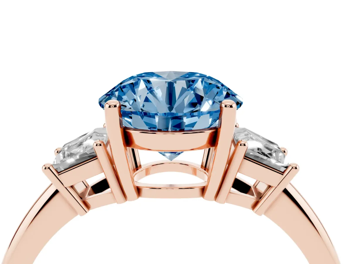 Fancy Blue Round Cut Diamond Three-Stone Ring with Trapezoid Side Stones and Prong Setting Rose gold