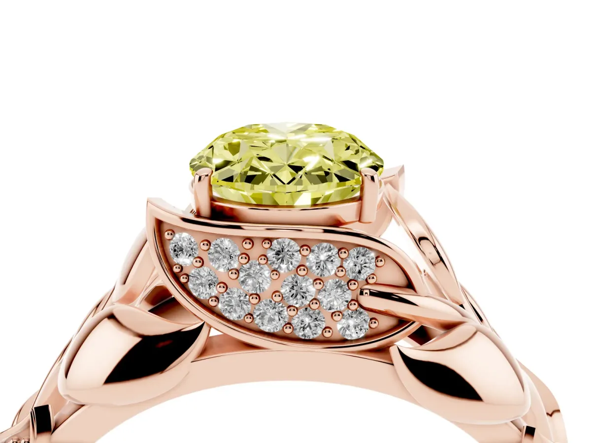 Fancy Yellow Oval Cut Diamond Leaf-Inspired Engagement Ring with Round Accents and Prong Setting Rose gold