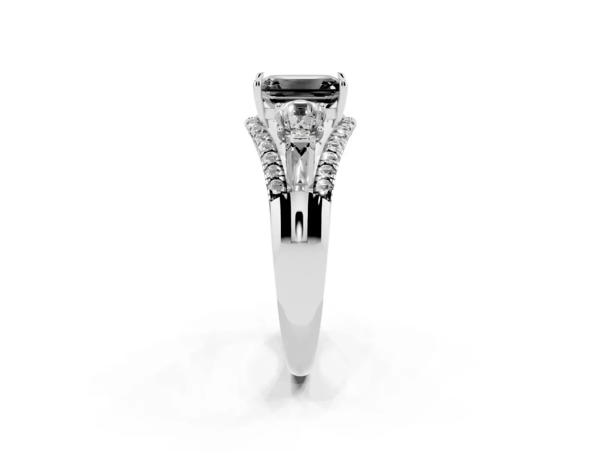Fancy Black Three-Stone Emerald Cut Diamond Engagement Ring with Pave Band and Prong Setting Silver
