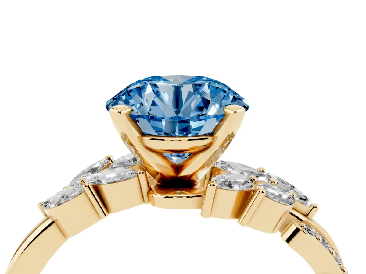 Fancy Blue Round Cut Solitaire Marquise Twist Band with Six-Prong Setting Yellow gold