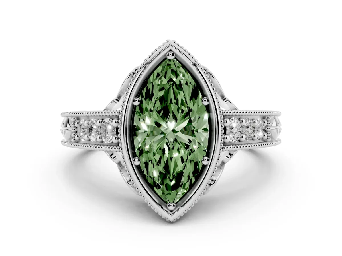 Fancy Green Bezel Set Marquise Cut Diamond Milgrain Pave Engagement Ring Silver