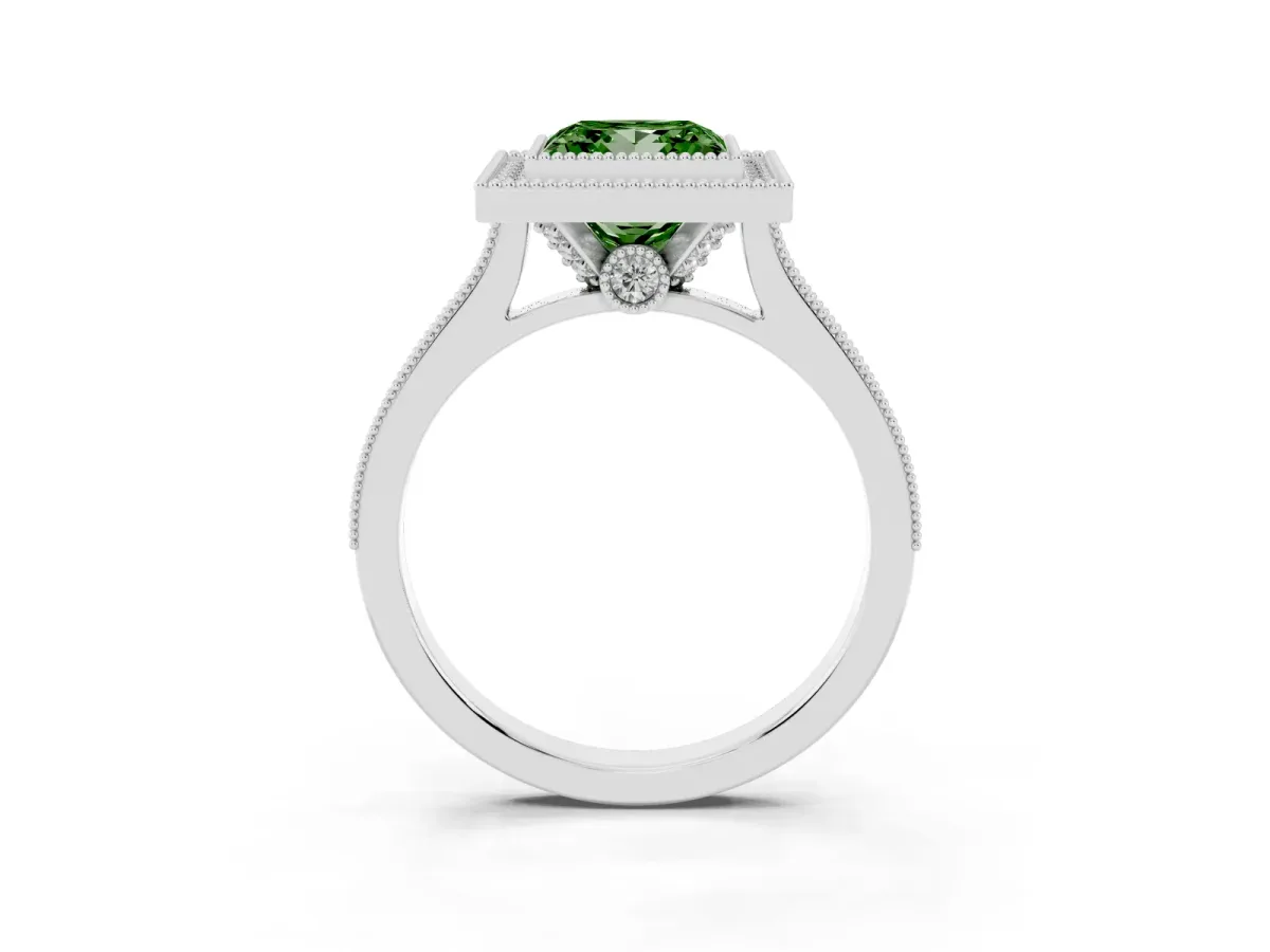 Fancy Green Halo Princess Cut-Cut Diamond Pave Band Milgrain Prong Setting Ring Silver