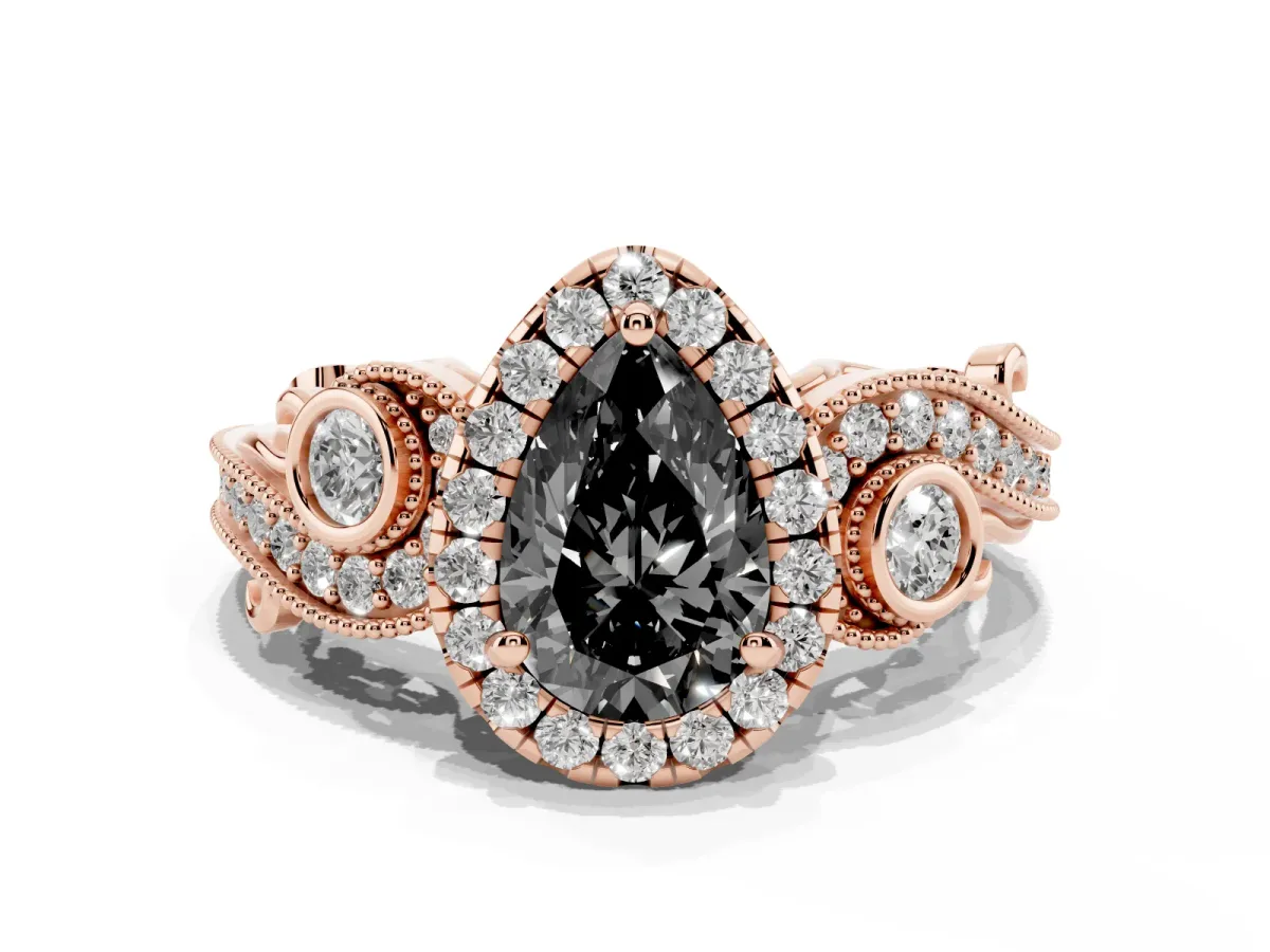 Fancy Black Pear Cut Halo Diamond Ring with Milgrain and Bezel Accents on a Split Shank Band Rose gold