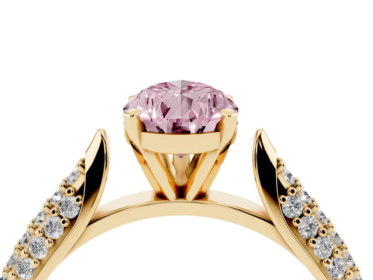 Fancy Pink Pear Cut Diamond Solitaire Engagement Ring with Multi-Row Round Pavé Band and Prong Setting Yellow gold