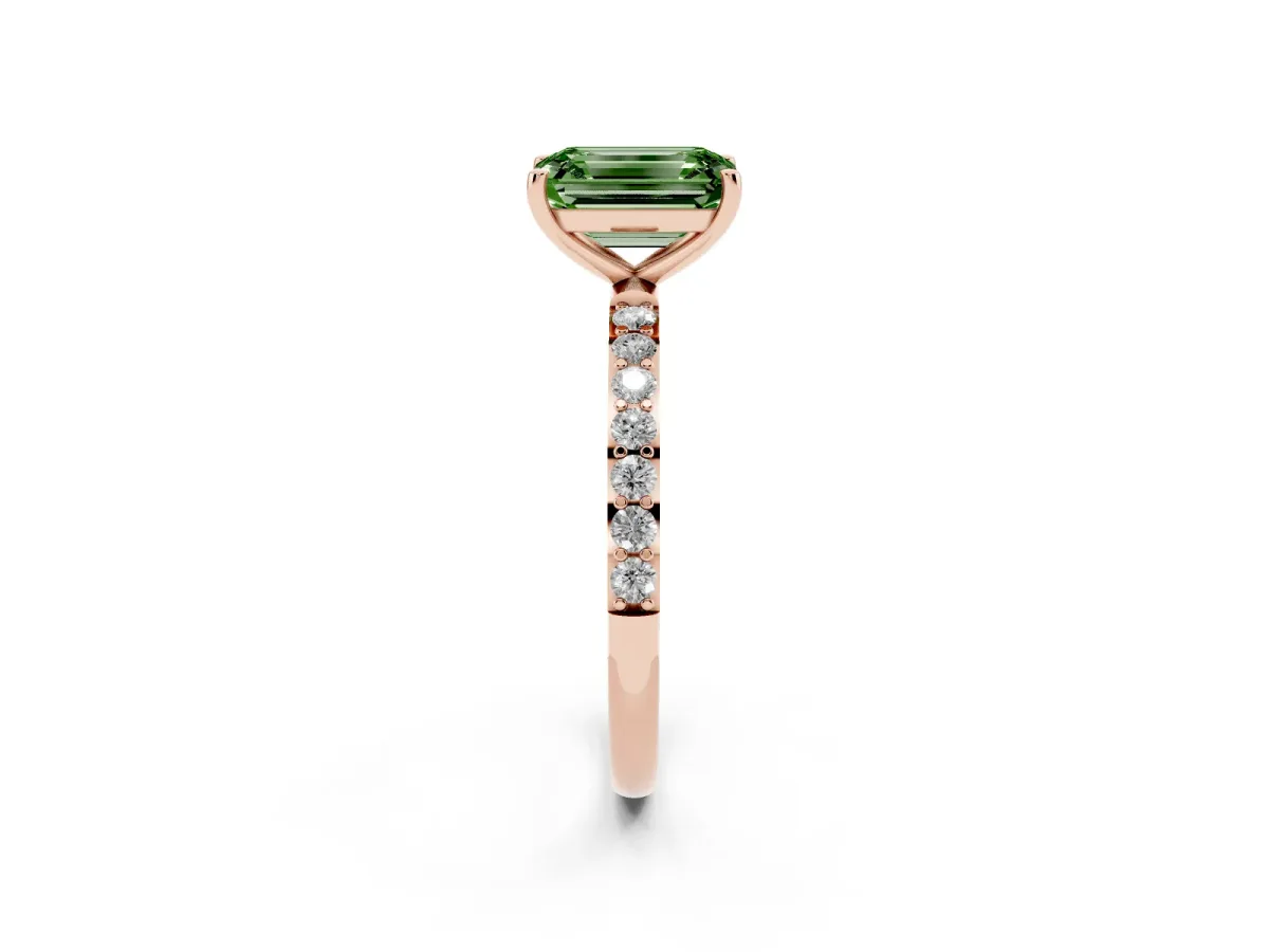 Fancy Green Emerald Cut Diamond Solitaire Ring with Round Pavé Shoulders and Prong Setting Rose gold