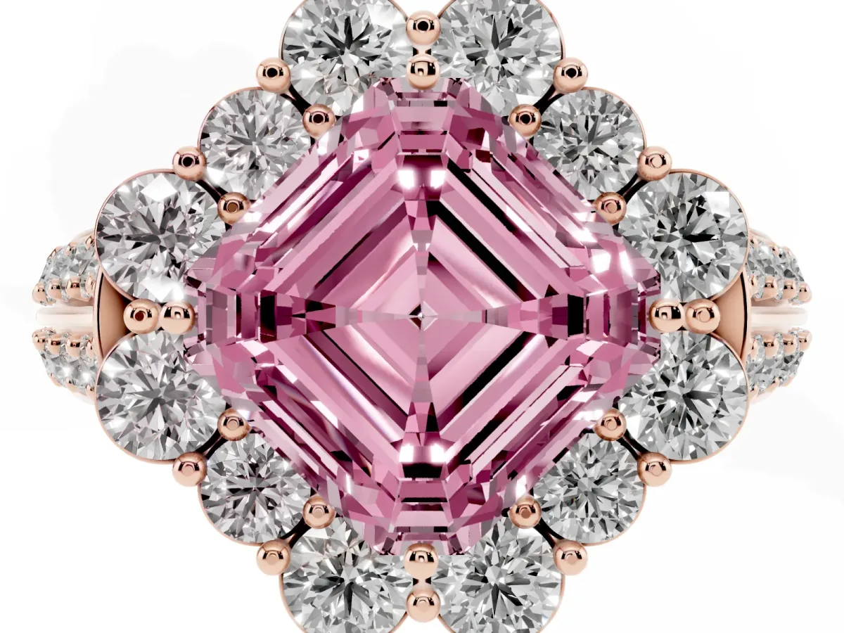Fancy Pink Asscher Cut Halo Diamond Engagement Ring with Split Shank and Prong Setting Rose gold