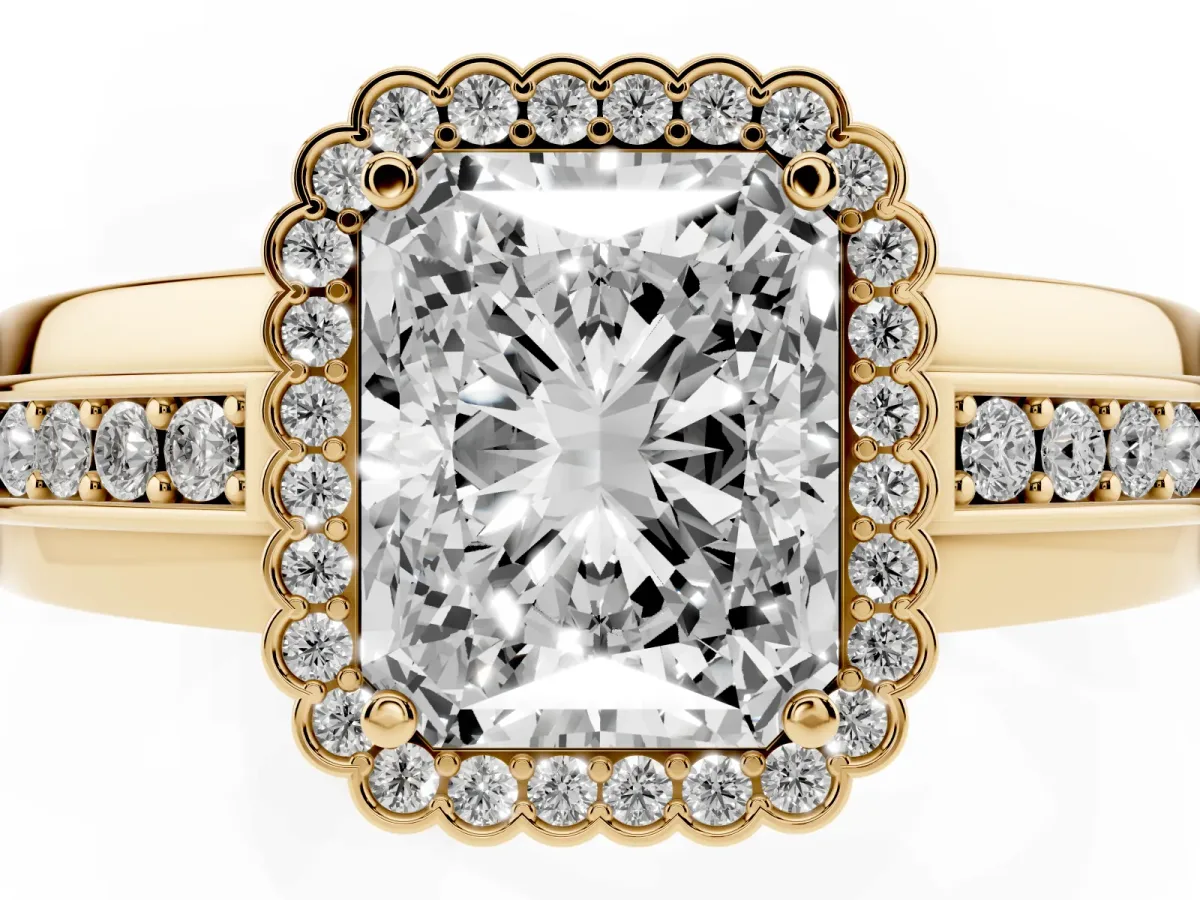 Radiant Cut Cut Halo Pave Band Four-Prong Ring Yellow gold