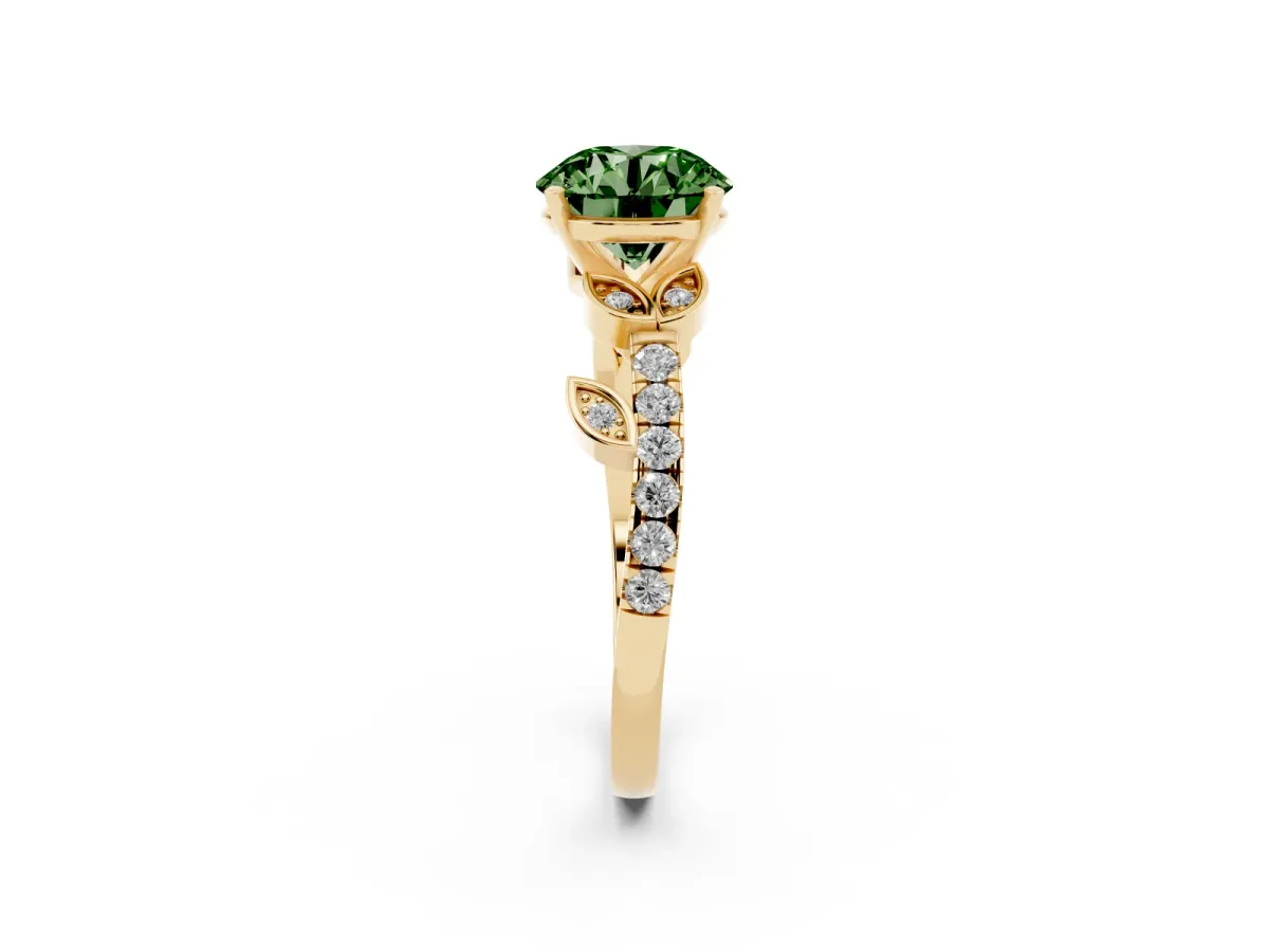 Fancy Green Round Cut Solitaire Leaf-Inspired Diamond Ring with Pavé Band and Four-Prong Setting Yellow gold