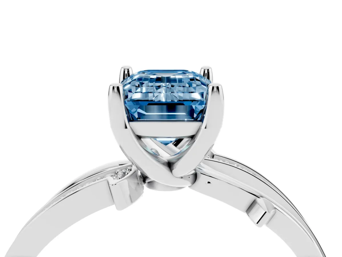 Fancy Blue Emerald Cut Solitaire Twist Band with Pavé Accents and Four-Prong Setting Platinum
