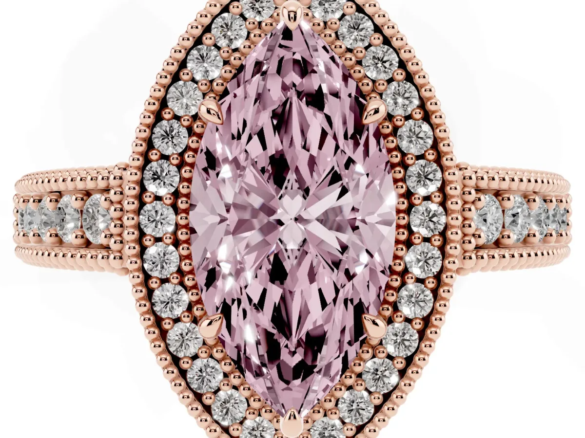 Fancy Pink Marquise Cut Cut Halo Diamond Ring with Pavé Band and Four-Prong Setting Rose gold