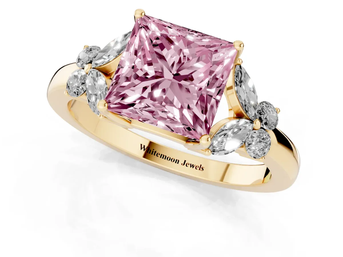 Fancy Pink Princess Cut Cut Solitaire Floral Diamond Ring with Four-Prong Setting Yellow gold