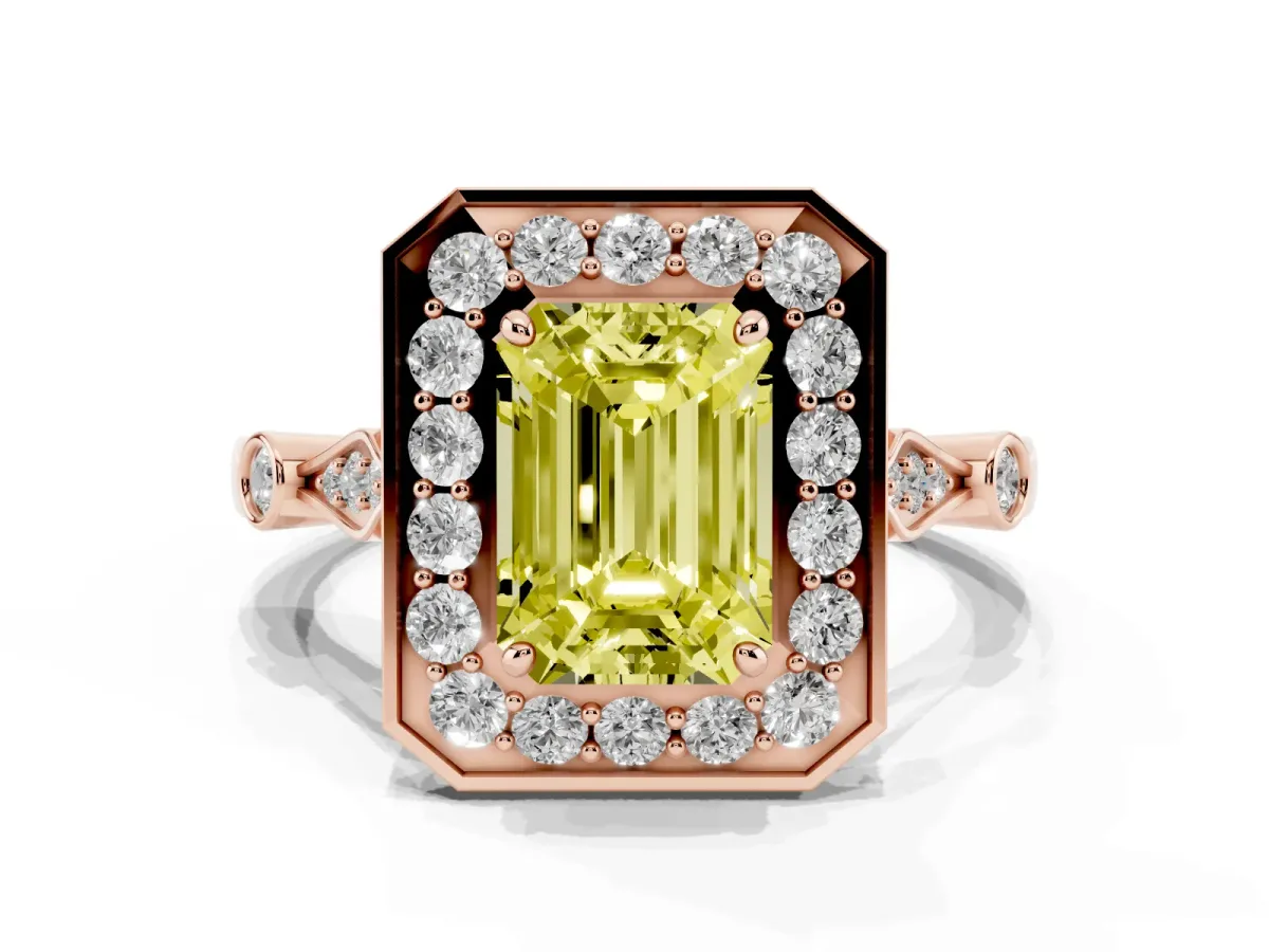 Fancy Yellow Emerald Cut Halo Diamond Engagement Ring with Twisted Band and Four-Prong Setting Rose gold