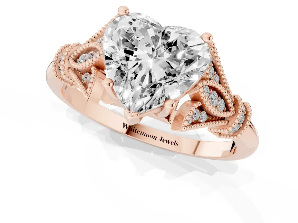 Heart Cut Diamond Solitaire Ring with Floral Filigree and Pave Accents Rose gold