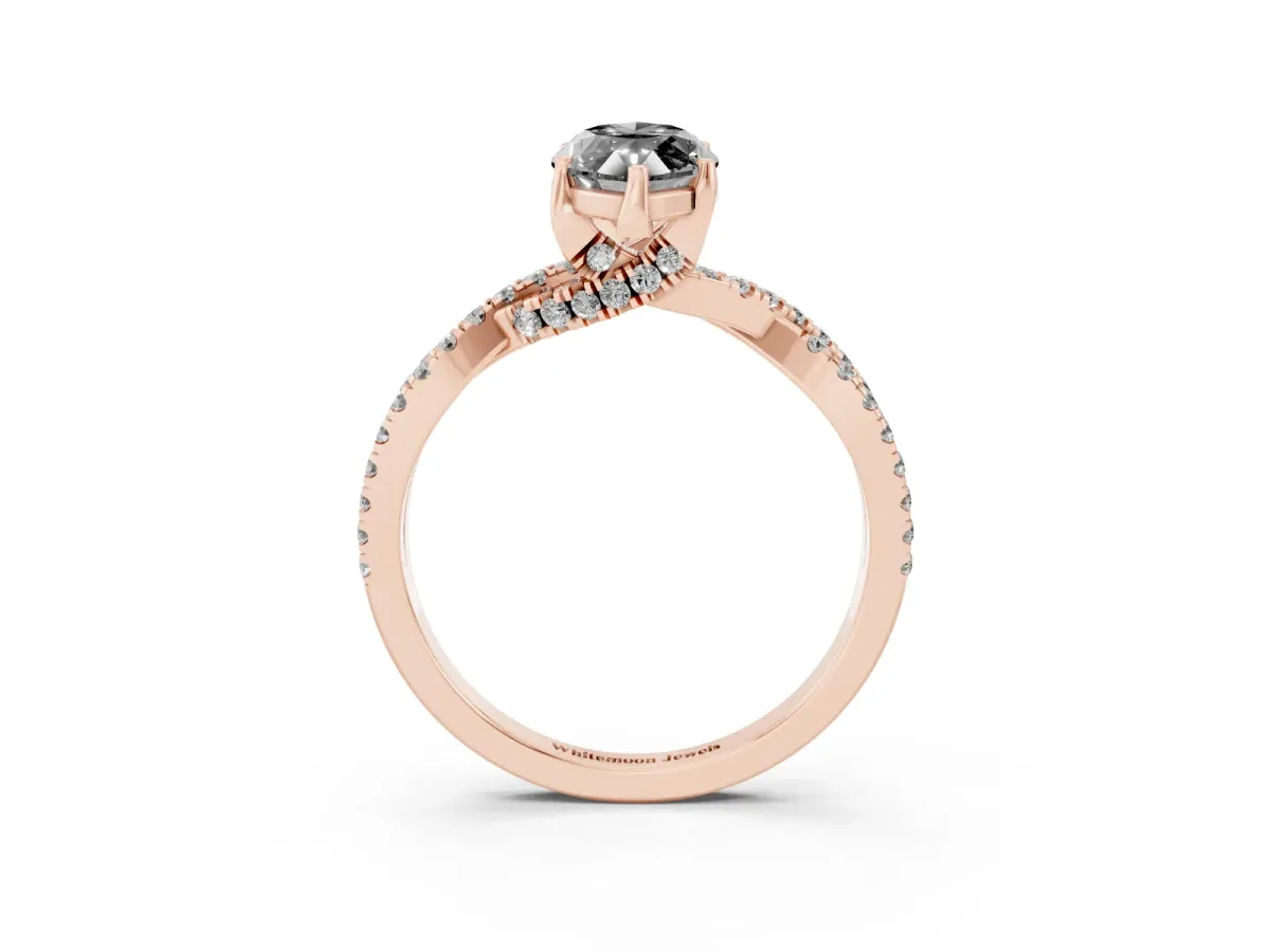 Fancy Black Marquise Cut Solitaire Twist Pave Diamond Engagement Ring with Prong Setting Rose gold