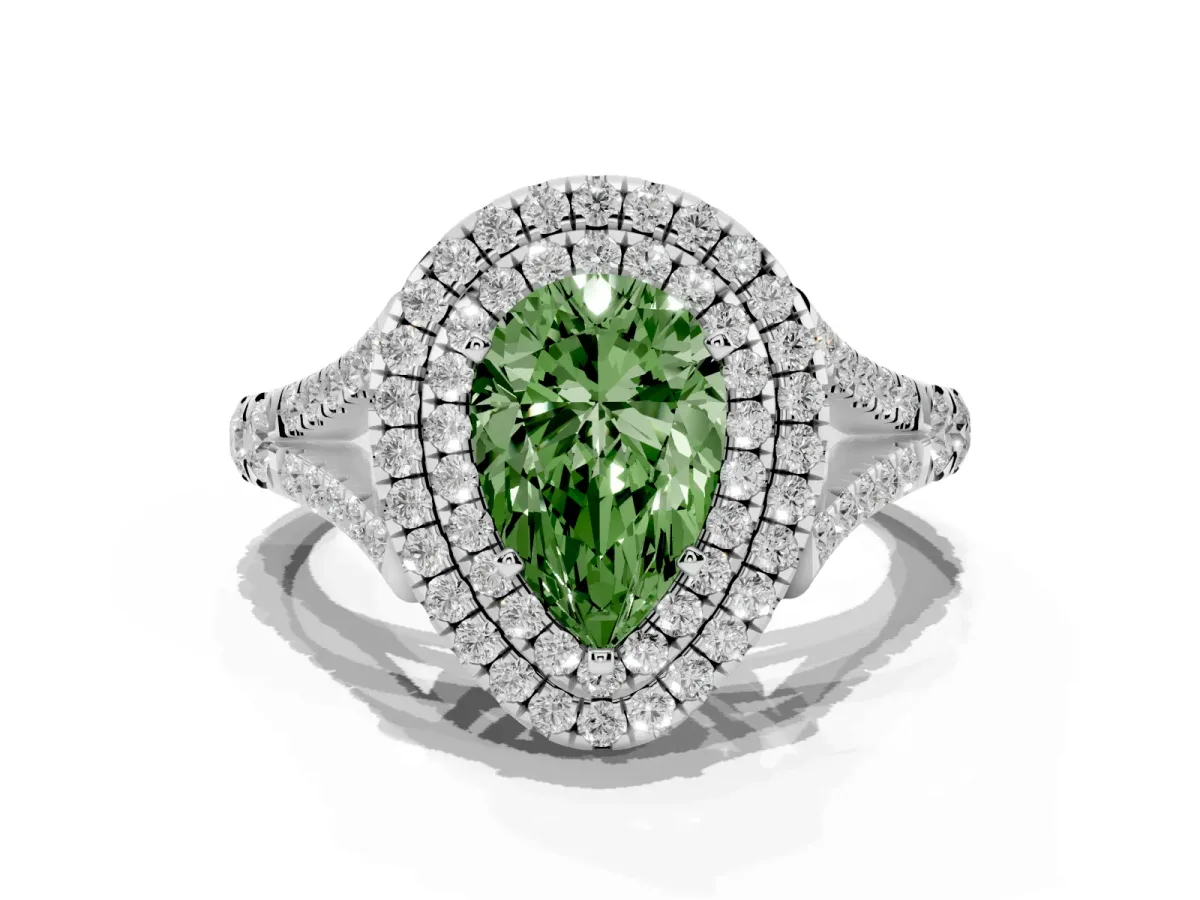 Fancy Green Pear Cut Cut Double Halo Split Shank Diamond Ring with Prong Setting Silver