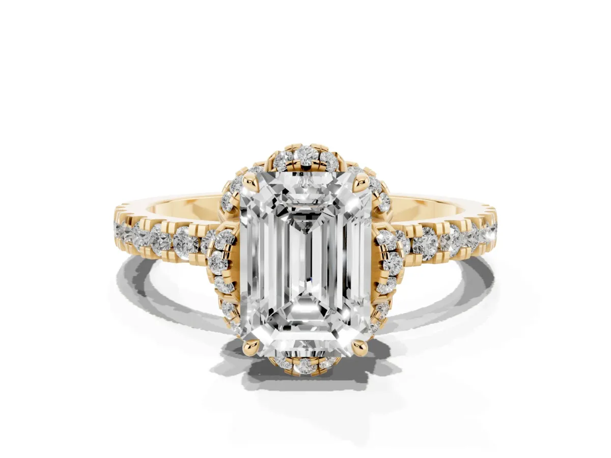 Emerald Cut Halo Diamond Pave Band Ring with Four-Prong Setting Yellow gold
