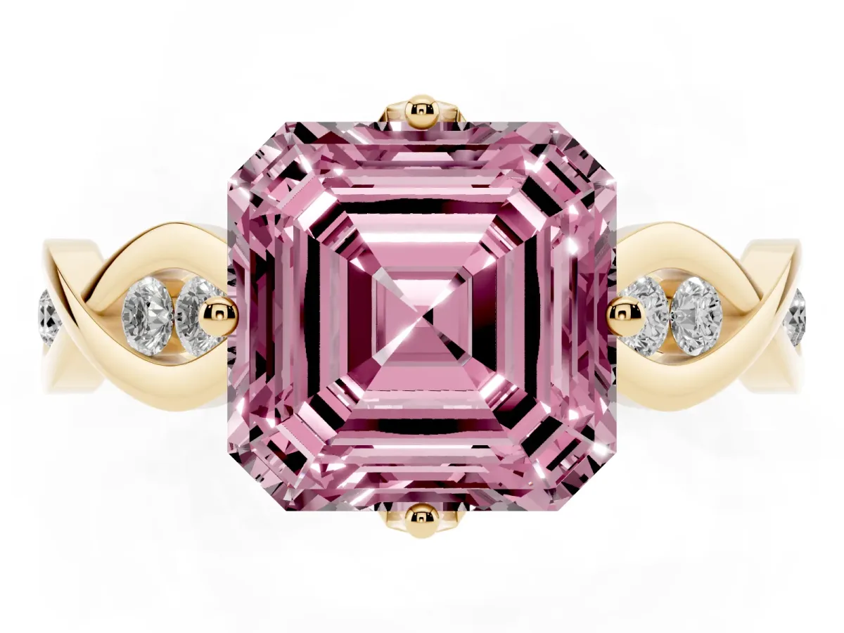 Fancy Pink Asscher Cut Solitaire Twist Band with Leaf Prong Setting Yellow gold