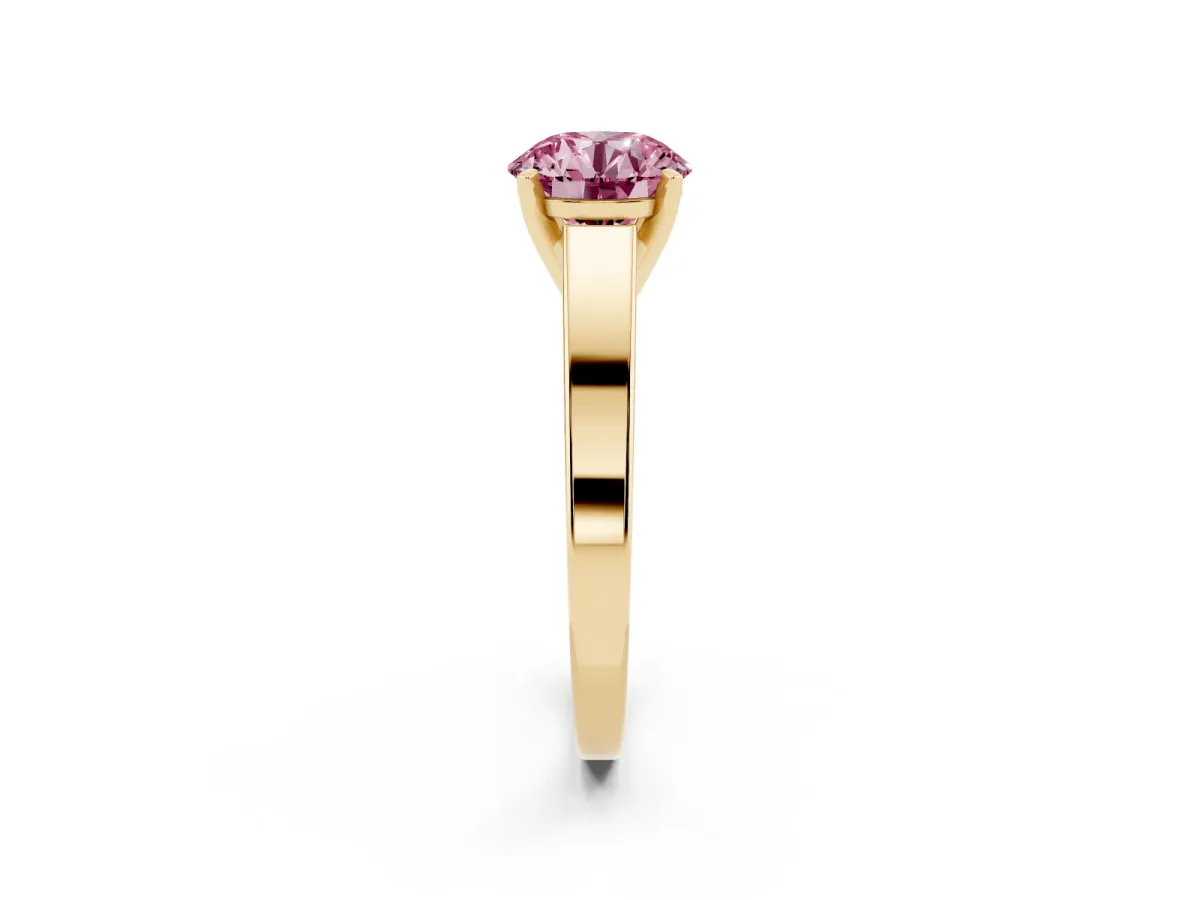 Fancy Pink Round Cut Solitaire Engagement Ring with Four-Prong Setting and Tapered Band Yellow gold