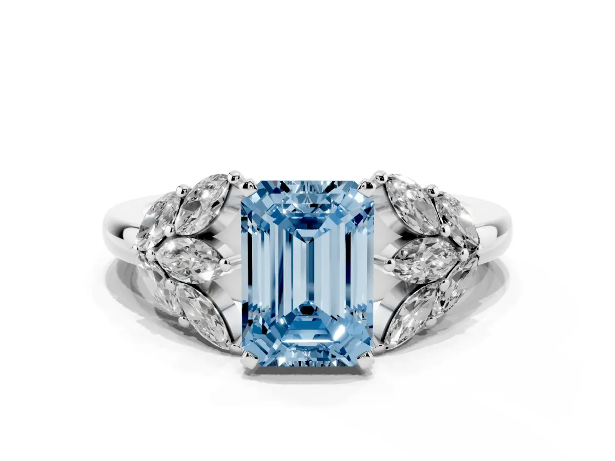 Fancy Blue Emerald Cut Diamond Cluster Leaf Design Ring with Prong Setting White gold