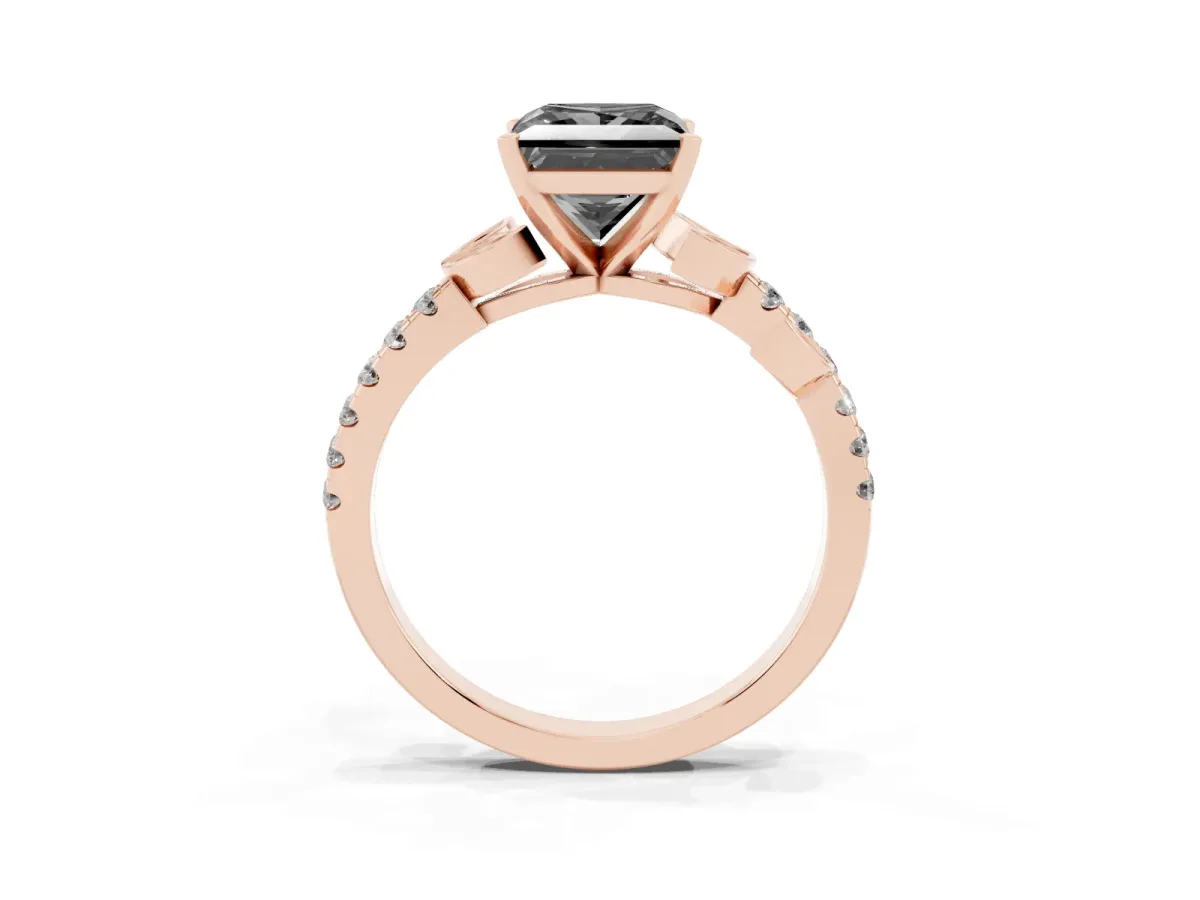 Fancy Black Princess Cut Solitaire Leaf-Inspired Diamond Ring with Pavé Band and Four-Prong Setting Rose gold