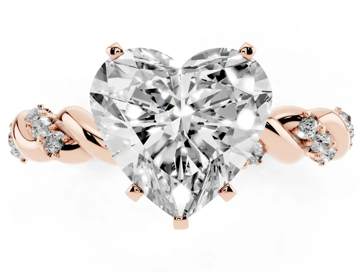 Heart Cut Diamond Solitaire Ring with Twisted Band and Pavé Accents Rose gold