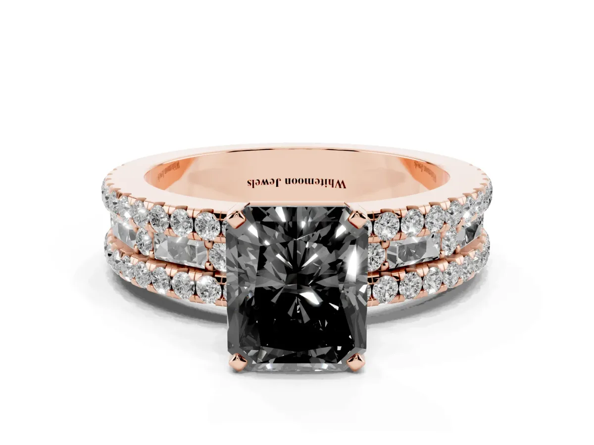 Fancy Black Radiant Cut Diamond Solitaire Ring with Pavé and Channel Set Band Rose gold