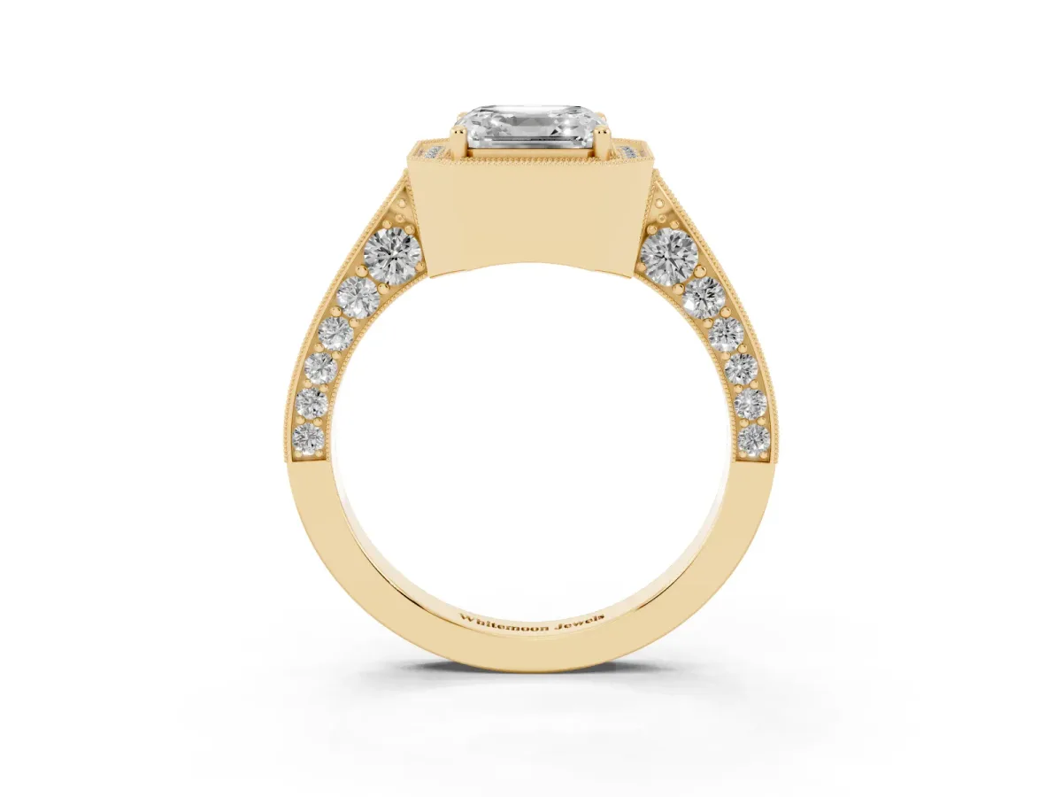 Asscher Cut Halo Diamond Engagement Ring with Split Shank Band and Four-Prong Setting Yellow gold