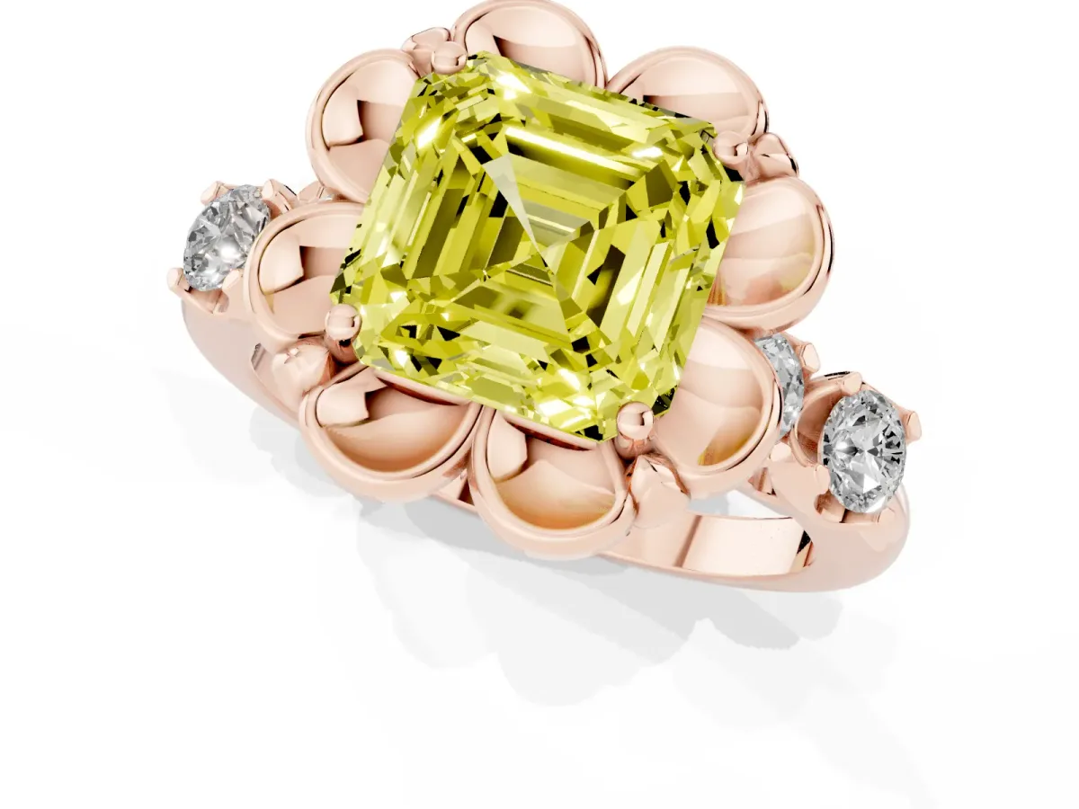 Fancy Yellow Asscher Cut Cut Diamond Floral Halo Engagement Ring with Shared Prong Setting Rose gold