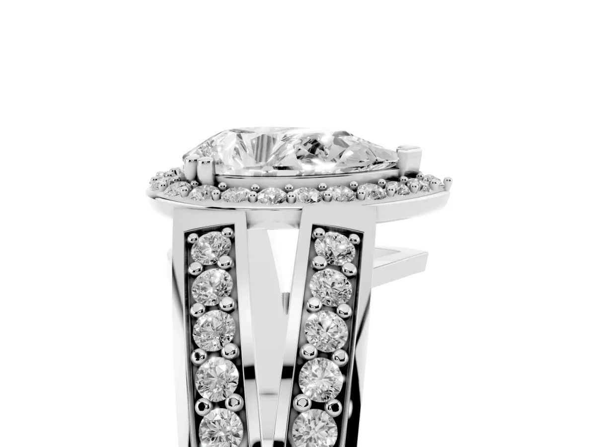 Pear Cut Diamond Halo Ring with Split Shank Pavé Band and Four-Prong Setting Silver